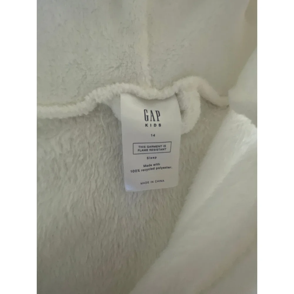 Gap Kids White Fleece Hooded Bathrobe Size 14 Recycled Polyester Tie Waist Robe